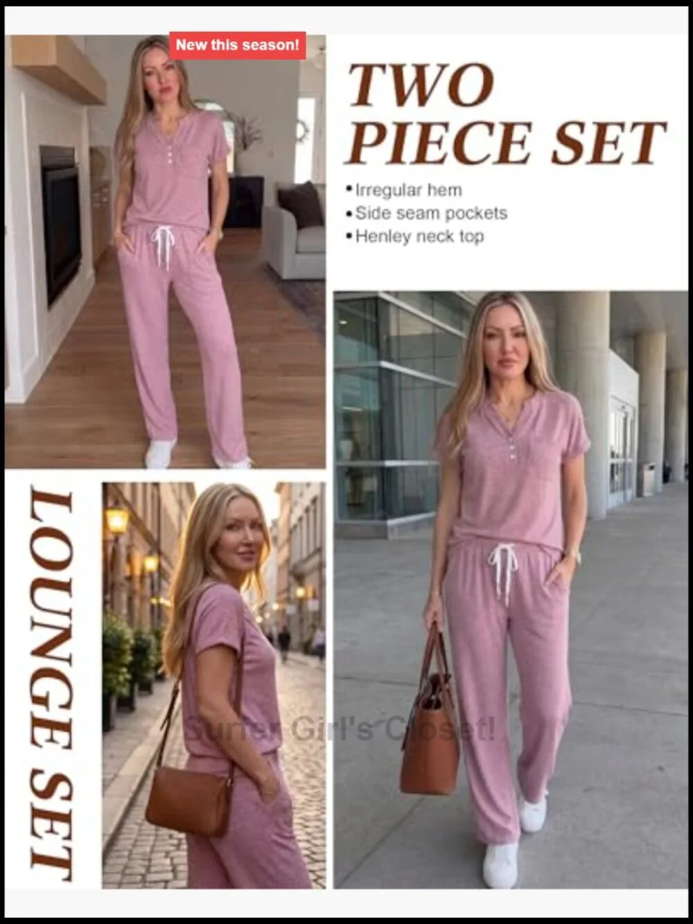 Women Lounge Set Henley Short Sleeve Top Wide Leg Pants Matching Set Travel